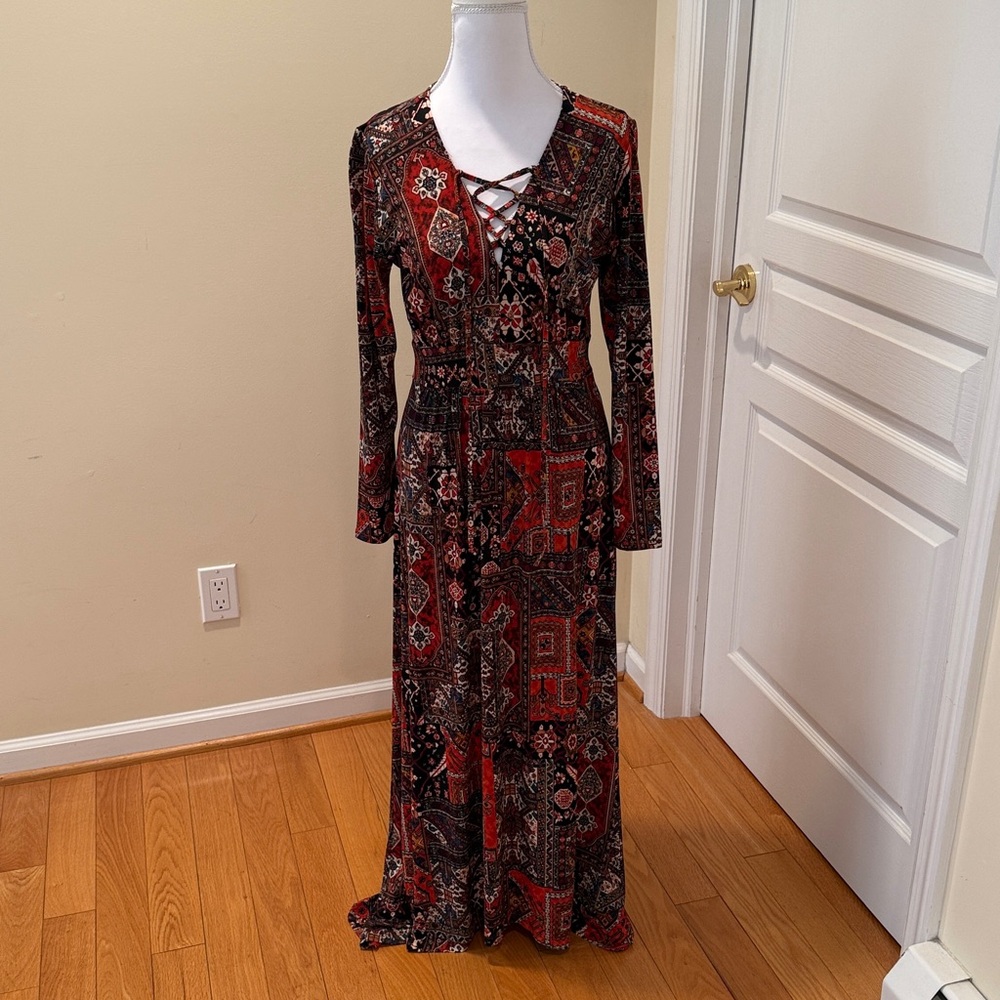 Veronica M Red and Brown Bohemian Maxi Long Sleeve Dress with a lot of stretch
